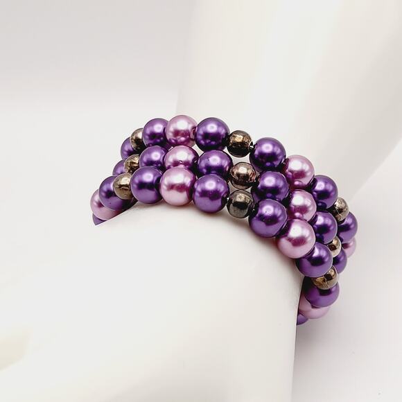 Vintage 1950s Purple Faux Pearl Memory Wire Bracelet - Picture 8 of 10